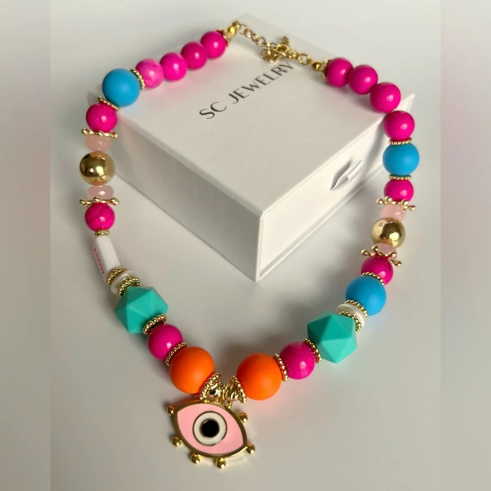 Gemstone Necklace Agate Stone Fimo Beads Handcrafted  Evil Eye Necklace